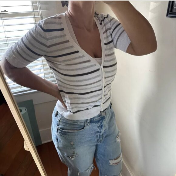 Caslon Striped Button Up V-Neck 100% White Cotton Knit Tee rn58665 - Picture 2 of 9